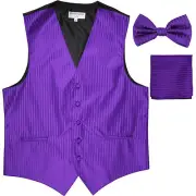 New Men's Formal Vest Tuxedo Waistcoat_bowtie & hankie stripes purple wedding