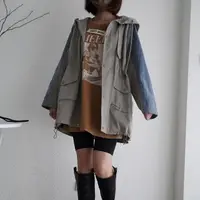 在飛比找momo購物網優惠-【M select】韓 女款 帥氣大帽子牛仔拼接風衣外套
