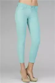 $169 7 For All Mankind Cropped Skinny Bright Turquoise Luster Shimmer Jeans 32