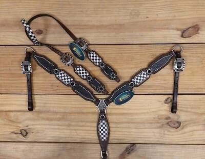 Western Headstall and Breast Collar Set -Black Alligator Print with Silver Studs