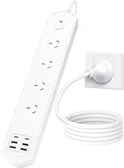 Power Board Surge Protector - 4 Widely Outlets with 6 USB Ports(2 USB C), LERLIUS 4 AC Outlets Powerboard with 1.8M Extension Cord, 900J Surge Protection Power Strip, Wall Mount, 3000W/13A/240V, White