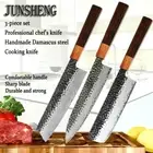 Chef Nakiri Kiritsuke Knife Set Forged Damascus Steel Wood Handle Hammered Slice