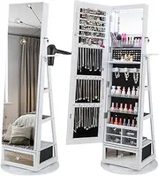 Giantex 360° Swivel Jewelry Cabinet w/Full-Length Mirror, Lockable Jewelry Armoire w/Hair Dryer Rack & Rear Shelves, Freestanding Jewelry Organizer w/LED Lights & Vanity Mirror (White)