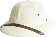 [Huraoerrrr] Pith Helmet, Sunproof Wide Brim Mens Straw Hat with Belt Decor, Breathable Woven Sun Hat with Adjustable Chin Strap, Outdoor Miner for Jungle Explorers Costume