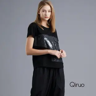 【Qiruo 奇若名品】春夏黑色拼圖短袖上衣1253A 酷造型女裝(短袖棉T拼圖)