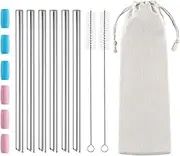 6 Pcs Reusable Bubble Tea Straws, Boba Straws 12mm Wide Stainless Steel, Angled Tips Metal Straws for Bubble Tea, Milkshakes, Smoothies with Cleanning Brush & Case (Silver)