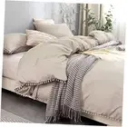 Pom Pom Fringe Duvet Cover Full/Queen Size,100% Washed Full / Queen Khaki