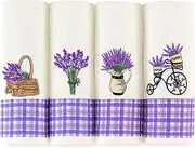 Lavien Home, Dish Towels for Kitchen Lavender Embroidered Absorbent and Soft Turkish Cotton Waffle Weave (Set of 4), Boho Farmhouse Decor with Plaid 16 x 23 inches