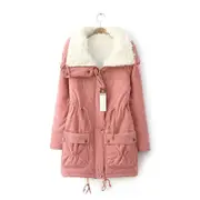 Catzon Women's Mid Length Winter Coat Thickened Warm Lamb Wool Lined Jacket-Pink