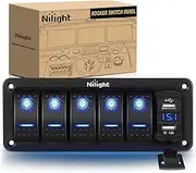 Nilight 5 Gang Rocker Switch Panel with 4.8 Amp Dual USB Charger Voltmeter Waterproof 12V 24V DC Rocker Switch with Night Glow Stickers for Car Trucks Boats RVs,2 Years Warranty