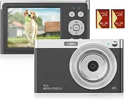 Compact 4K Digital Camera Video Camcorder 50MP 2.88Inch IPS Screen Auto Focus 16X Anti-Shake Face Detact Smile Capture Built-in Flash with 2pcs Batteries Carry Bag Wrist Strap for Black
