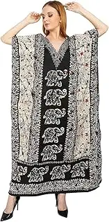 [Three Eye Store] Elephant Print Ladies Long Kaftans Kimono Maxi Style Dresses for Women in Regular to Free Size Cover up, Black-white, One Size