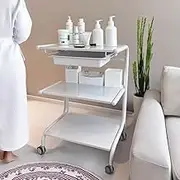 MegLob Utility Beauty Salon Trolley, Elegant White Esthetician Cart with Wheels, Professional Salon Trolley Cart, 3 Tier Esthetician Cart with 1 Drawer, Heavy Duty Facial Rolling Trolley Stand