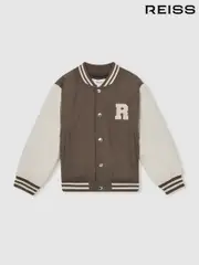 Reiss Mink Brown/Off White Arkan 13-14 yrs Colour-Block Varsity Bomber Jacket (F61567) | $150
