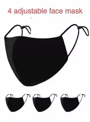 4 Face Masks Reusable Black Cotton Adult Mask Adjustable Elastic Loops Washable