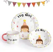 ZONEYILA Ceramic 3-Pieces Dinnerware Set, Hand-Painted Boy Girl Birthday Gift Set, Salad Dessert Cake Plate, Cereal Bowl, and Milk Coffee Cup, Creative Gifts (Girl)