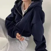 Plain Zip-Up Crop Hoodie Sapphire Blue - One Size