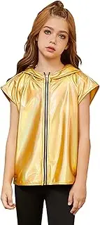 [Jxstar] Boys Girls Metallic Hoodie Vest Kids Shiny Zip Up Outfit Sleeveless Disco Shirt with Pocket