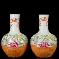 在飛比找Yahoo!奇摩拍賣優惠-粉彩 青花 官窯 清雍正粉彩提籃花卉紋天球瓶。高23*14。