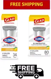 Glad Small Drawstring Trash Bags with Clorox, 4 Gal, Lemon Fresh Bleach