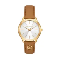 在飛比找Yahoo奇摩購物中心優惠-Michael Kors 風采知性皮革時尚腕錶-金X白-MK