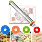 Rolling Pin and Silicone Baking Pastry Mat Set Stainless Steel Dough Roller