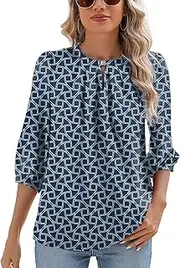 [Rapbin] Keyhole V Neck Puff 3/4 Length Sleeve Womens Tops Dressy Casual Chiffon Work Blouses Pleated T-Shirts Loose Fit S-XXL