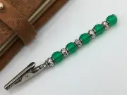 Bug's Homemade Beaded Designer Roach Clip 4” Long - Green/Silver