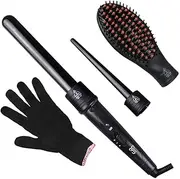 Ausale 3 in 1 Curling Iron Set Curling Wand with Hair Straightening Brush and 2 Interchangeable Curling Wand Ceramic Barrels & Heat Protective Glove Black