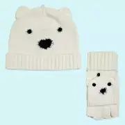 BUNDLE Kate Spade Hat & Glove Set French Cream Polar Bear Beanie, Pop Top