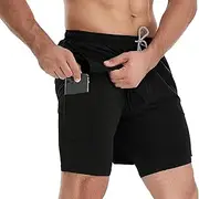 [Risipu] Men's 2 in 1 Running Shorts Quick Dry Athletic Shorts with Liner, Workout Short with Phone Pockets and Towel Loop