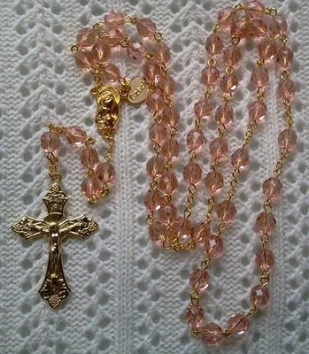 LIGHT ROSE TRANSPARENT CRYSTAL ROSARY In Gold- Made in Czech