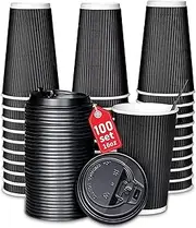 Disposable Coffee Cups 16 oz 100 Pack, 500ml Drinking Cups for Hot Coffee Drinks with lids and Straws, Ideal for Home, Business, Office, Party, Cafe, Travel (Black)