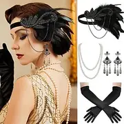 1920s Flapper Headband Feather Accessories Set for Women 4 PCS Roaring 20s Great Gatsby Faux Pearl Necklace Gloves Earrings Masquerade Halloween Carnival
