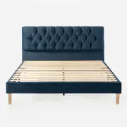 Zinus Queen Fabric Bed Frame Velvet Navy Blue Base Platform 2x USB Ports