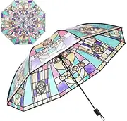 [Generic] Vintage Stained Glass Automatic Umbrella, Transparent Vintage Parasol Umbrella, Foldable Hand-Painted Transparent Umbrella, Windproof Design Auto Open Close Umbrellas