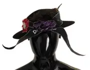 Dolce&Gabbana Women Black Fedora Hat Fur Feather Brooch Wide Brim Cap Sz 57 cm M