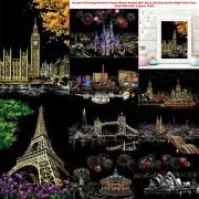 Scratch Painting Rainbow Paper Black Sketch DIY Craft City Night View with Tool