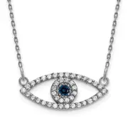 14k White Gold Small Real Diamond and Sapphire Evil Eye Necklace