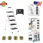 Lightweight 4-Step Folding Ladder with Tool Platform - 400lbs Capacity White