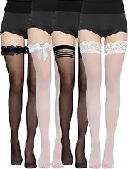 [SHEKINI] 4 Pairs Lace Sheer Thigh High Stockings over knee Satin Bow Top Stocking,One Size, B, One Size
