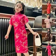 Girls Chinese Costume Dress Printed Qipao Short Sleeve 2~10years Child
