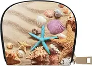 [JEJEA] Shells on The Beach Print Credit Card Holder Wallet, Small Card Holder Wallet with Zipper,Leather Card Holder, White, One Size