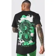 Mens Black Longline Dragon Back Print T-shirt