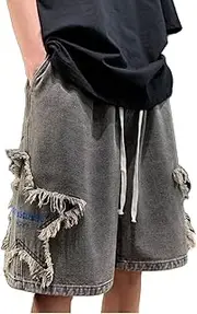 [OATSBAS] Men's Star Patchwork Denim Shorts Y2K Summer Wide Leg Loose Hip-hop Jeans Shorts