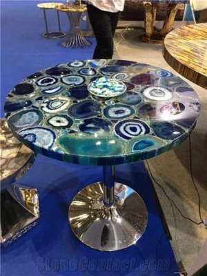 Natural Blue Agate Console Side Table Top, Agate Geode Coffee Table Top 15"x15"