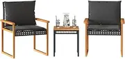 VRAXO 3 Piece Bistro Set with Cushions Black Poly Rattan Acacia Wood -16KG,365860