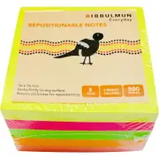 BIBBULMUN ASSORTED REPOSITIONABLE STICKY NOTES 76mm x 76mm 100 Sheets Per Pad Pack of 5