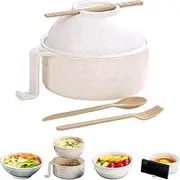 FRAKMU 6-Piece Microwave Ramen Cooker Bowl Set 32oz Noodle Cooking Bowl with Lid, Handles & Utensils Microwave Safe Instant Ramen Maker for College Dorm Apartment Kitchen Essentials (Beige)