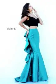 V608 SHERRI HILL 50750 BLK/TEAL SZ 2 $460 V366 # PROM PAGEANT FORMAL GOWN DRESS